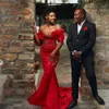 Red Beading Mermaid Prom Off The Shoulder Aso Ebi Evening Dresses Africa Plus Size Formal Gowns 328 328