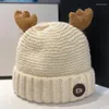 Berets Cartoon Cute Antlers Wool Hat Women Autumn Winter Padded Warm Knitted Ear Protection Pullover Bonnets For Men