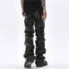 Мужские брюки хип -хоп пу в кожах кожа, винтажные плиссированные уличная одежда Хараджуку Свободная мода Странная черная 230815