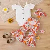 Conjuntos de roupas para bebês de 3 a 24 meses, recém-nascidos, meninas, conjuntos de roupas com laço, macacão floral, calças flare, roupas de verão para meninas