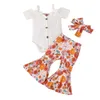 Conjuntos de roupas para bebês de 3 a 24 meses, recém-nascidos, meninas, conjuntos de roupas com laço, macacão floral, calças flare, roupas de verão para meninas