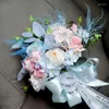 結婚式の花ピンクブルー花嫁ブーケエレガントマルチカラーローズ人工ブライダルアクセサリー高品質を保持する