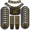 Andere evenementenfeestjes 49pcs Gold Dot Happy Birthday Set Paper Black Plates Aapkins Cups For Men Dames servies Decor 230815