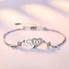 Länkarmband S925 Silverpläterade dubbla lager Kedja Crystal Heart Charm Bangle for Women Girls Elegant Wedding Party SL504