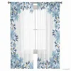 Rideau transparent en Tulle bleu avec feuilles de fleurs, pour salon, chambre d'enfant et adultes, décoration de cuisine