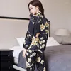 Kvinnors sömnkläder pyjamas kvinnor mantel sätter silke tryckt tyg två stycken sätter upp vridning krage elastisk midja nattklänning kostymer