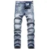 Jeans maschile strappato tratto magro magro solubile punk vernice bianca pantaloni a vita media blu casual slim fit jeans pantaloni