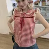 Kvinnors T-skjortor Kvinna Bow Knot Sleeve Red Plaid T-shirt Summer 2023 Vintage Doll Neck Loose Slim Tops Female Blue