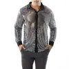 Men's Casual Shirts Mens Fashion Holographic Shiny Sequins See Through Mesh Costumes Clubwear Evening Dance Performance Top Shirt Clothing