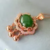 Pendant Necklaces Natural Green Jade Lock Necklace Genuine Hetian Jades Nephrite White Zircon Longevity Lock Pendant Rose Gold Necklaces Women 230815