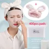 400pcs Mummy Face Makeup Cotton Pads with Cut Hairband Stretchable Elasticity Disposable Consmetic Cotton Mask Wet Compress Wipe