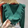 Malhas femininas iyundo malha cardigan 2023 winter ruffle top design sense v-deco