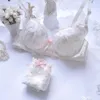 Women's Swimwear Japanese White Blue Embroidery Thin Cup Girl Cute Gathering Sexy Underwear Set Bra With DE Cover