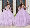 Vacker lila älskling quinceanera klänningar formella prinsessan party bollklänningar eleganta spetsar applicerade med långa flare ärmar plus size sweet 15 prom klänningar cl2721