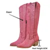 Kleidschuhe Onlymaker Damenstiefel, rosa, kniehoch, glitzernd, glitzernd, spitzer Zehenbereich, Blockabsatz, Western-Cowgilr 230815