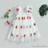 Meisjesjurken Baby Girl Princess Dress Trap Summer Fly Mouw Cherry Print Tule Dress Butterfly Dress R230816