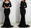 Glanzende zwarte lovertjes Mermaid prom jurken plus size met lange mouwen vrouwen speciale afgelegen feestjurken slanke gepaste beroemdheid rode gala avond formele jurk cl2722