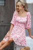 Casual Dresses Chiffon Dress Floral One-Line Neck Ruffles Beautiful Back Knee-length Lantern Sleeves A-Line Printed Romantic