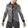 Men's Casual Shirts Mens Fashion Holographic Shiny Sequins See Through Mesh Costumes Clubwear Evening Dance Performance Top Shirt Clothing