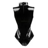 Womens Jumpsuits Rompers Black Crotch Zipper Sleeveless Sexy Spandex Bodysuit Leather Latex Catsuit Pvc Jumpsuit Women Short Pu Clubwear 230815