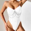 Dames shapers leuke ondergoed kanten metalen ketting band top sexy zie door vorming bodysuit