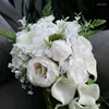 Bröllopsblommor Nzuk Cascading Bridal Bouquet Artificial White Peony de Fleur Mariage Hand Orchid Waterfall