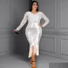 プラスサイズのドレスグリッターパーティーシエスパンコール長袖スリットタッセルドレスボディーコンエレガントな女性フリンジカクテルイベントOCNS衣装D DH3SD