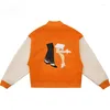 Jaquetas masculinas Hip Hop Varsity Jaqueta Mens Letras Bordadas Patchwork College Bomber Womens Haruku Casacos de Beisebol Laranja 2023