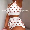 Salotto da notte da donna 2023Ss Indumenti da notte da donna 2 pezzi Kawaii Fragola Stampa con volant Cami Pama Set Carino Crop Top Shorts Abiti Ladymm01