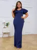 Plus size jurken elegant voor vrouwen 4xl 5xl o nek korte mouwen vloerlengte veter omhoog Backless Long Evening Event Party Outfits