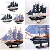 Decorative Objects Figurines Pirate Ship Model Wooden Sailing Ship Mediterranean Style Home Decoration Handmade Carved Nautical Boat Model Gift Figurines 230815