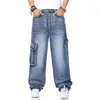 Herren-Jeans, männlich, Hip-Hop, Baggy-Cargo, gerade, lockere Passform für Männer, blaue Denim-Hosen mit Seitentasche, Biker, weites Bein