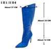 Klänningskor Metallic Leather Women Knee High Boots Brand Sexiga flickor pekade Toe Stiletto klackar lår mode nattklubb 230815