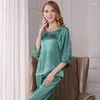 Women's Sleepwear Silk Women Pajama Sets With Lace Line Pullover Top Elastic Waist Pant Pajamas For Noble Elegant Ladies Sp0148