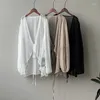 女性用ブラウス2023夏のシャツと軽量のシフォンルーズスリム長袖透明なトップオープンステッチ韓国80793