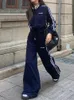 Damen zweisteuelhafte Hosen Houzhou Y2K Kpop Tracksuit Pant Set Koreanischer Stil Harajuku Baggy Joggy Striped Reißverschluss up Sweatshirts 230815
