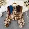 Women's Blouses Autumn Fashion Doll Collar Stitching Contrast Color Knitted Shawl Loose Long-sleeved Single-breasted Printed Shirt Weste