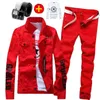 Men's Slim Fit Denim Jacket Pants 2pcs Set Long Sleeve Coats Letters Printed Casual Large Size Black White Red Boys Trousers