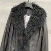 Women's Leather Women's Trench Coat Long Genuine Sheepskin Jacket Real Mongolian Lamb Fur Collar Cuff Trim Lady Fashion Outerwear GT3717