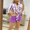 Kvinnors spårsättningar Casual Stripe Print långärmad skjorta Shorts Set Office Lady Fashion Slå ner krage spetsar upp två stycken kvinnors outfit 2023