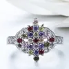 Cluster Rings Unique Silver Color Ring Rianbow Stone Crystal Round Face Lovers Gift Red Purple Green Champagne Pink Cz Zircon Fashion
