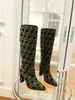 Stövlar 2023 Högklackade Chenile Boots Baguette Women's Boot Square Toe med blå och svart Jacquard Motif Heel Höjd 110 mm Ladies Fashion Design G230130