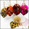 Keychains Lanyards Creative Tassel Heart Pompom Keychain Small Gift Rhinestone Leopard Print Flanell Unique Pu Leather Love Style Im Dhtlz