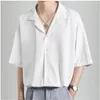 メンズカジュアルシャツシャツソリッドカラー半袖キューバカラートレンディハイエンド薄いルーズドレープアイスシルクの夏