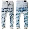 Men's jeans Four Seasons Light Blue Chain Tie Flower Tie Dye High Elastic Feet Male Foreign Trade Personality Broken Hole Korean Version Cow