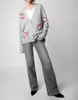 Zadig Voltaire 23 Knitte swetry ZV Knitwear Knitwear Cardigan Red Heart Jacquard rąbek z podzielonym swetrem dzianinowym