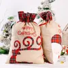 Juldekorationer linne Santa Sack 55*38 cm julklapp väska röd rutig dragkammare tygväskor festival dekoration parti presentpåse hav frakt Q474