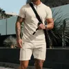 Mens Tracksuits Summer Solid Color Outfits Casual Lapel Short Sleeve TShirts Shorts Two Piece Sets Fashion Male Waffle Loose Tracksuit 230815