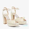 Wedding Dress Shoes Lady Sandals White Pearls Leather Luxury High Heels Women Walking