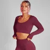 Aktiva skjortor CXUEY WINE RÖDS SPORTS T-shirts Kvinna Långärmad träning Topp Låg hals Sömlös för Fitness Lycra Elastic Gym Yoga Wear Black